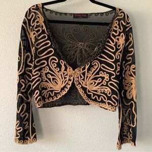 Pretty Angel Black Gold Art Deco Artsy Festival Mesh Swirl Bolero Cardigan M